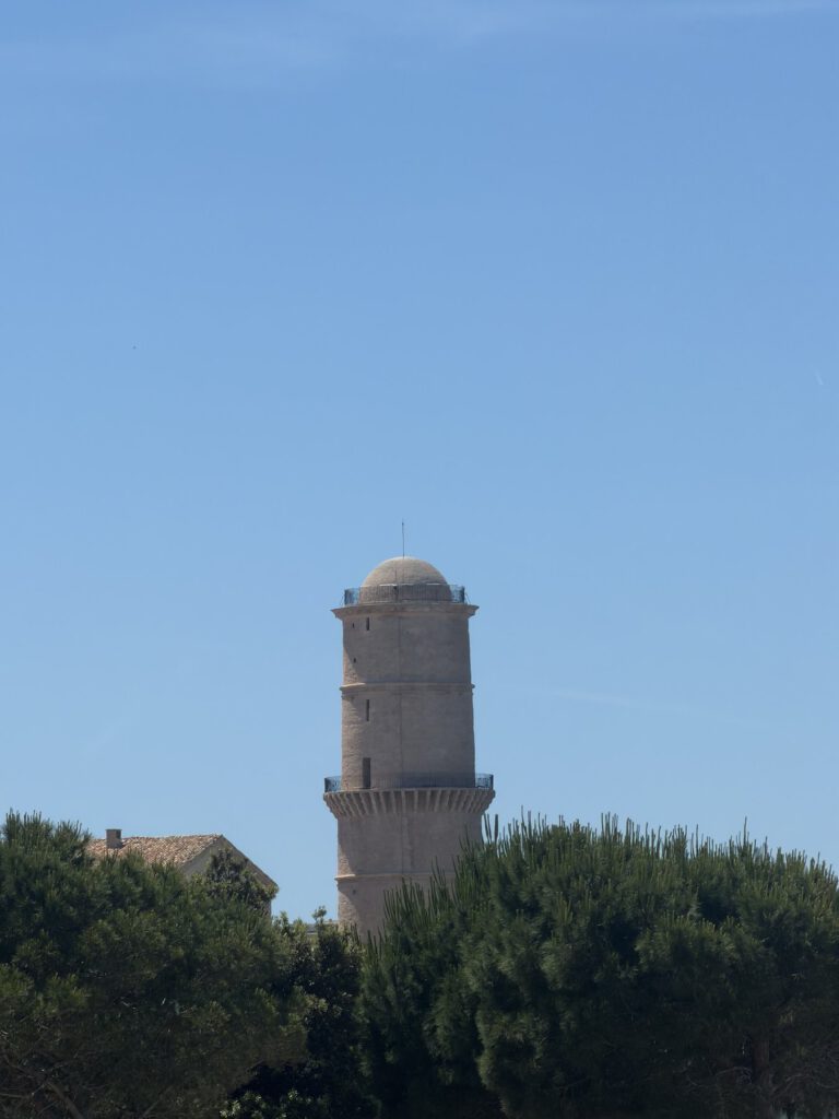 tall, cylindrical stone tower rising above dense green trees and shrubs