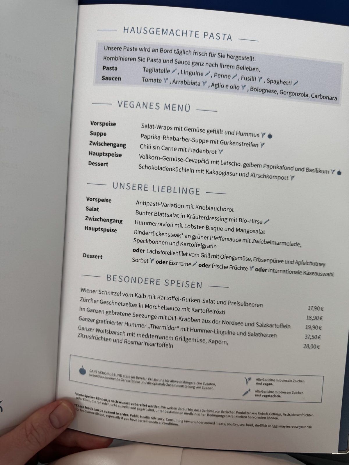 Menüblatt mit hausgemachter Pasta