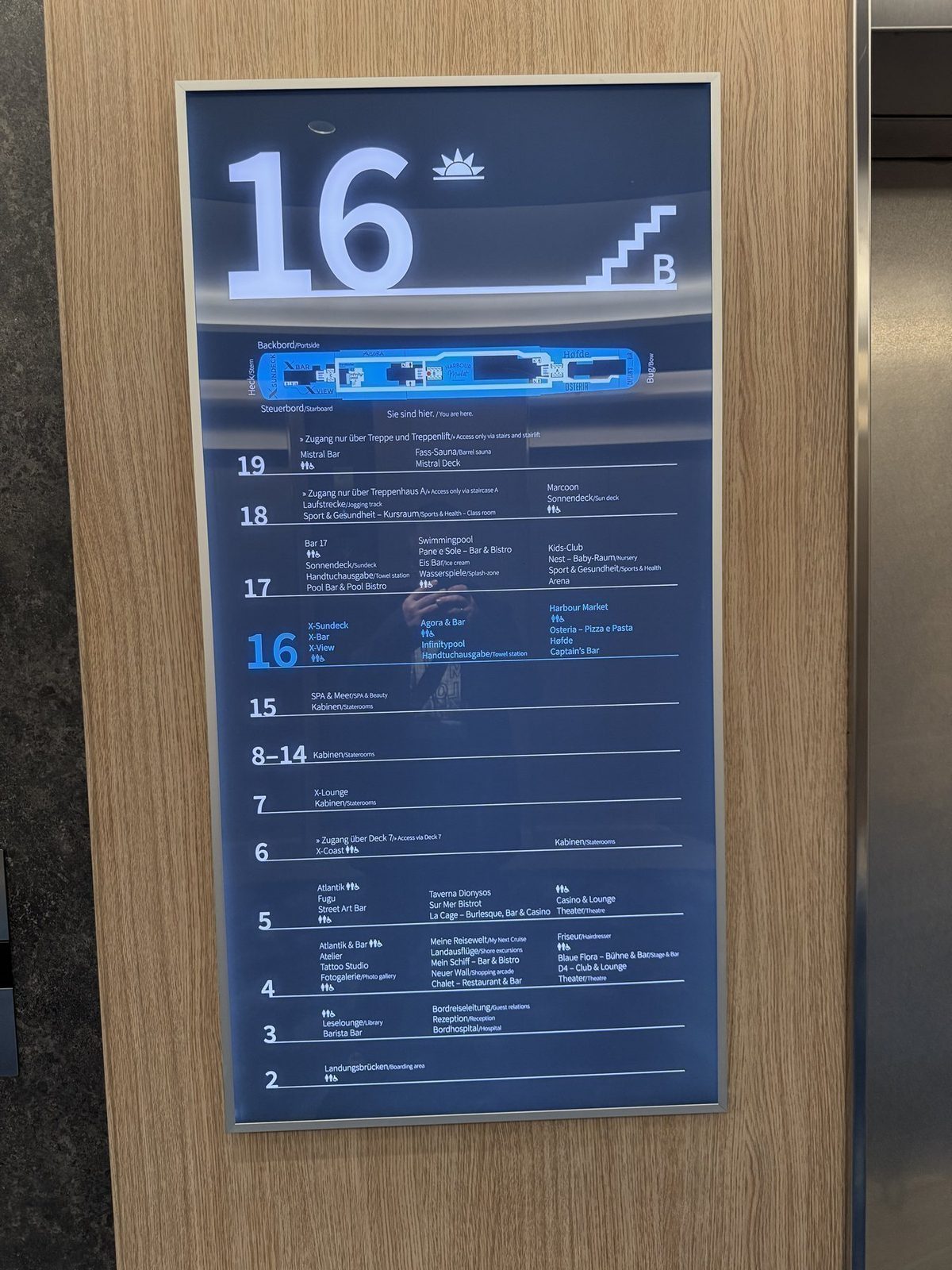 Informationsbrett mit Deckplan auf Kreuzfahrtschiff