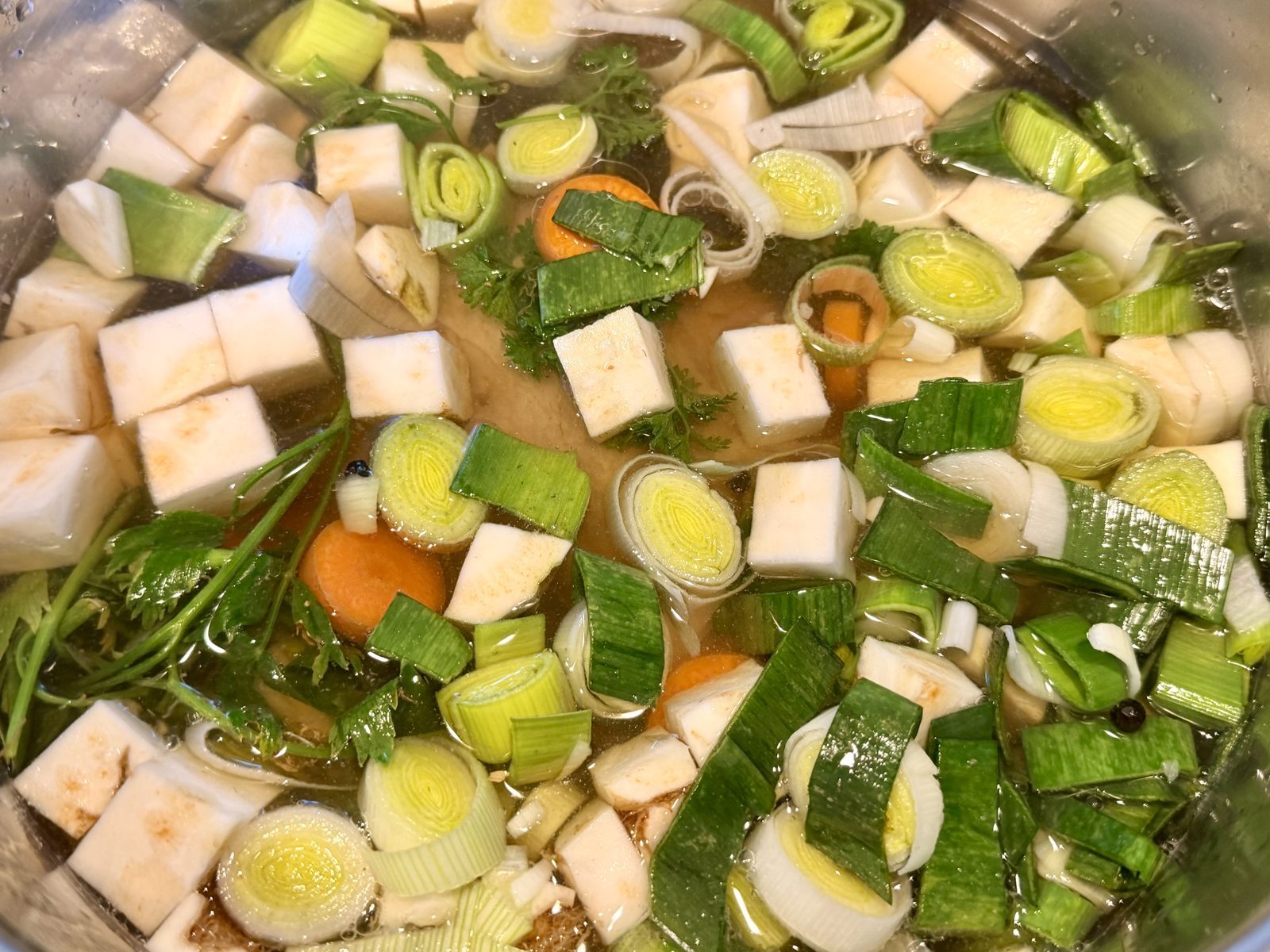 Eine Schale mit gekochtem Tofu, Lauch und Karotte in klarer Bruehe